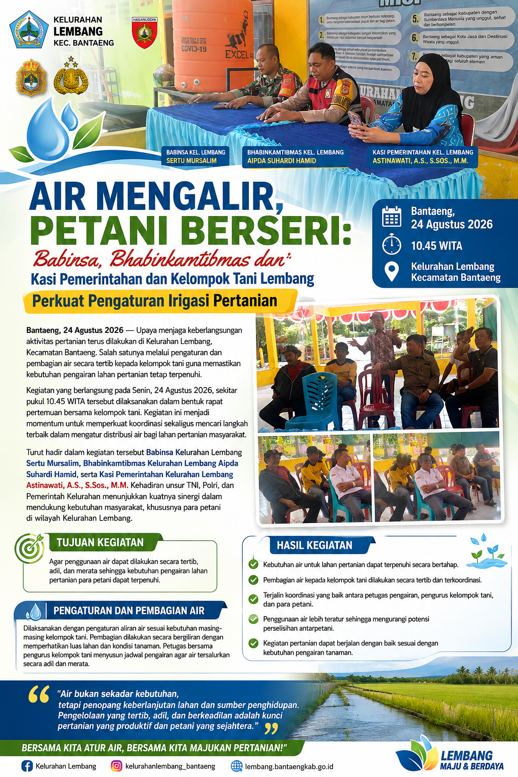 Air Mengalir, Petani Berseri: Babinsa, Bhabimkamtibmas dan Kasi Pemerintahan dan Kelompok Tani Lembang Perkuat Pengaturan Irigasi Pertanian